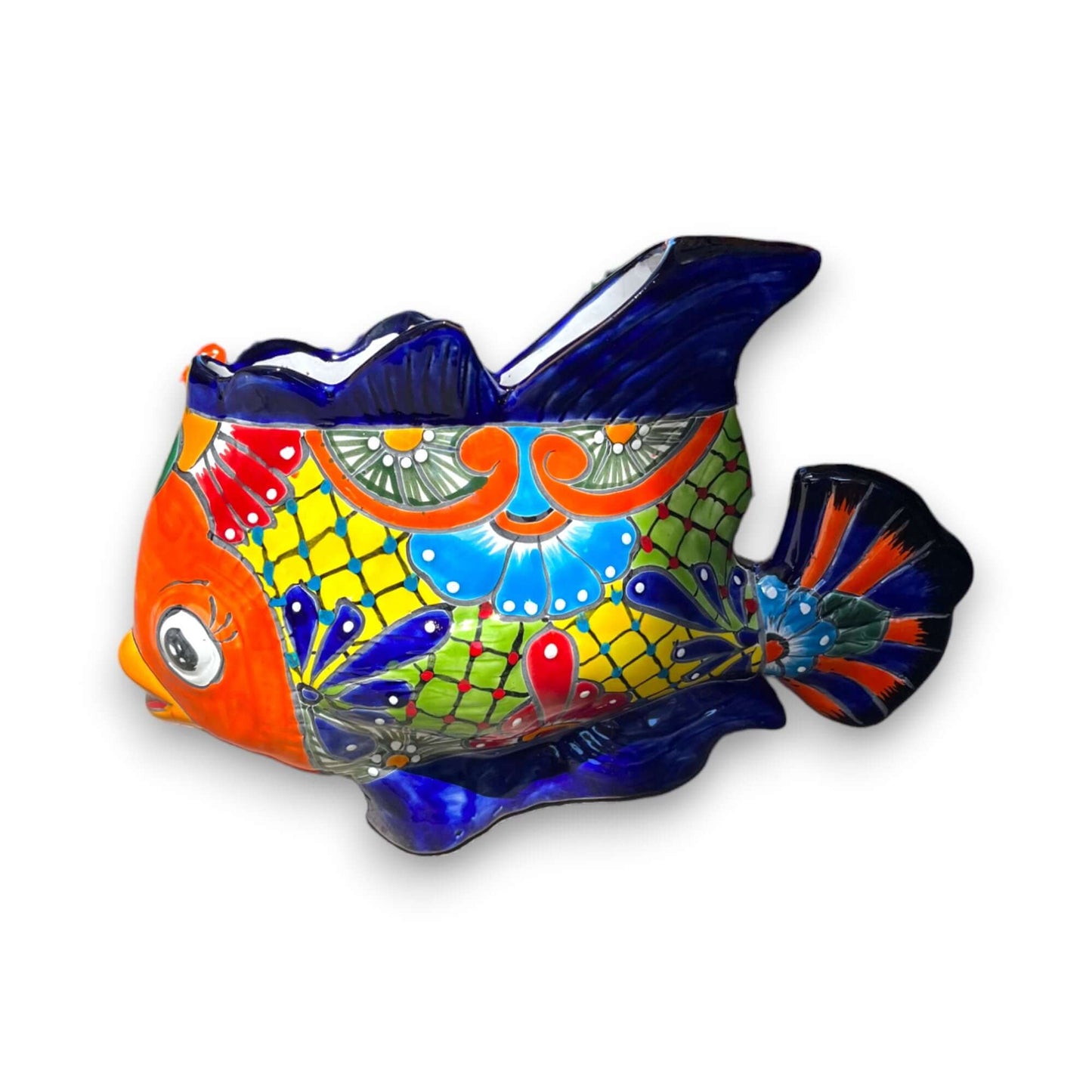 Large Talavera Fish Planter | Hand-Painted Mexican Statue Pottery - XL hand-painted colorful Talavera fish planter from Guanajuato, lead-free glaze