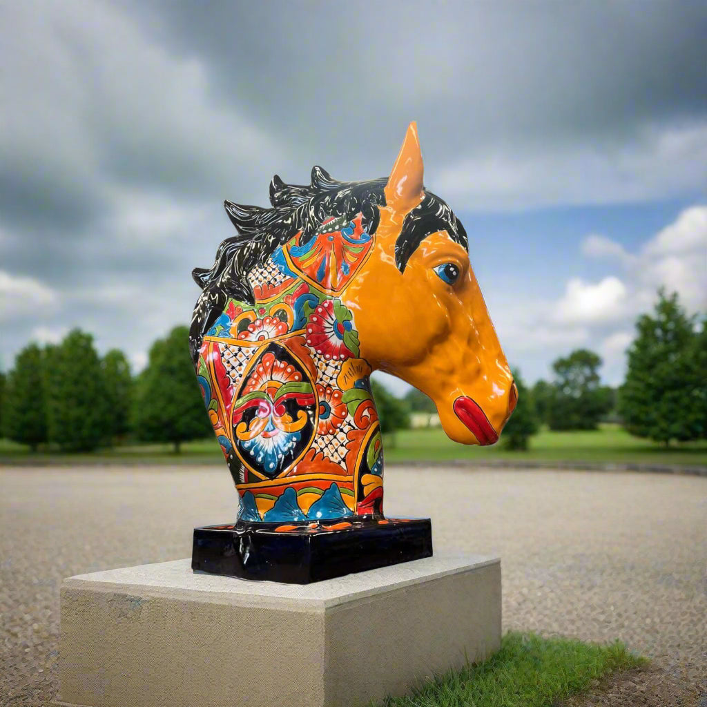 XL Talavera Horse Head Statue | Colorful Handmade Mexican Pottery - glossy navy base, vivid orange mane, multicolor floral hand-painted ceramic