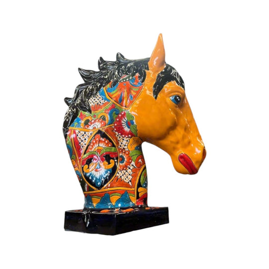 XL Talavera Horse Head Statue | Colorful Handmade Mexican Pottery - glossy navy base, vivid orange mane, multicolor floral hand-painted ceramic