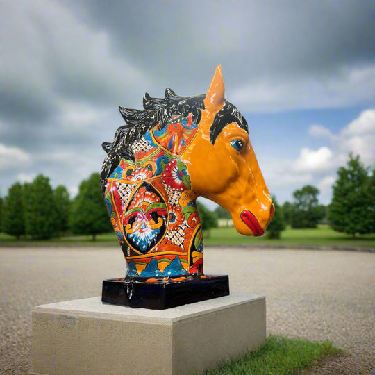 XL Talavera Horse Head Statue | Colorful Handmade Mexican Pottery - glossy navy base, vivid orange mane, multicolor floral hand-painted ceramic