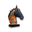 XL Talavera Horse Head Statue | Colorful Handmade Mexican Pottery - glossy navy blue horse head with orange mane and multicolor floral Talavera patterns