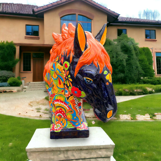 XL Talavera Horse Head Statue | Colorful Handmade Mexican Pottery - glossy navy blue horse head with orange mane and multicolor floral Talavera design
