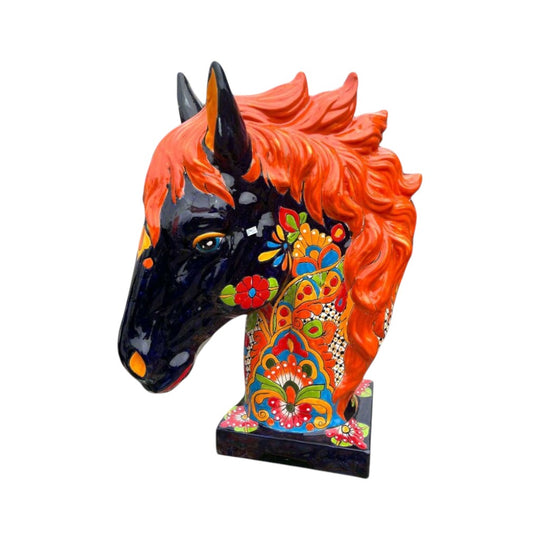 XL Talavera Horse Head Statue | Colorful Handmade Mexican Pottery - glossy navy horse head with vivid orange mane and multicolor floral Talavera design