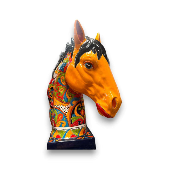 XL Talavera Horse Head Statue | Colorful Handmade Mexican Pottery - glossy navy base, vivid orange mane, multicolor floral hand-painted design
