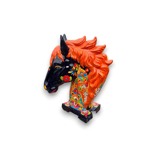XL Talavera Horse Head Statue | Colorful Handmade Mexican Pottery - glossy navy blue horse head with orange mane and multicolor floral Talavera design