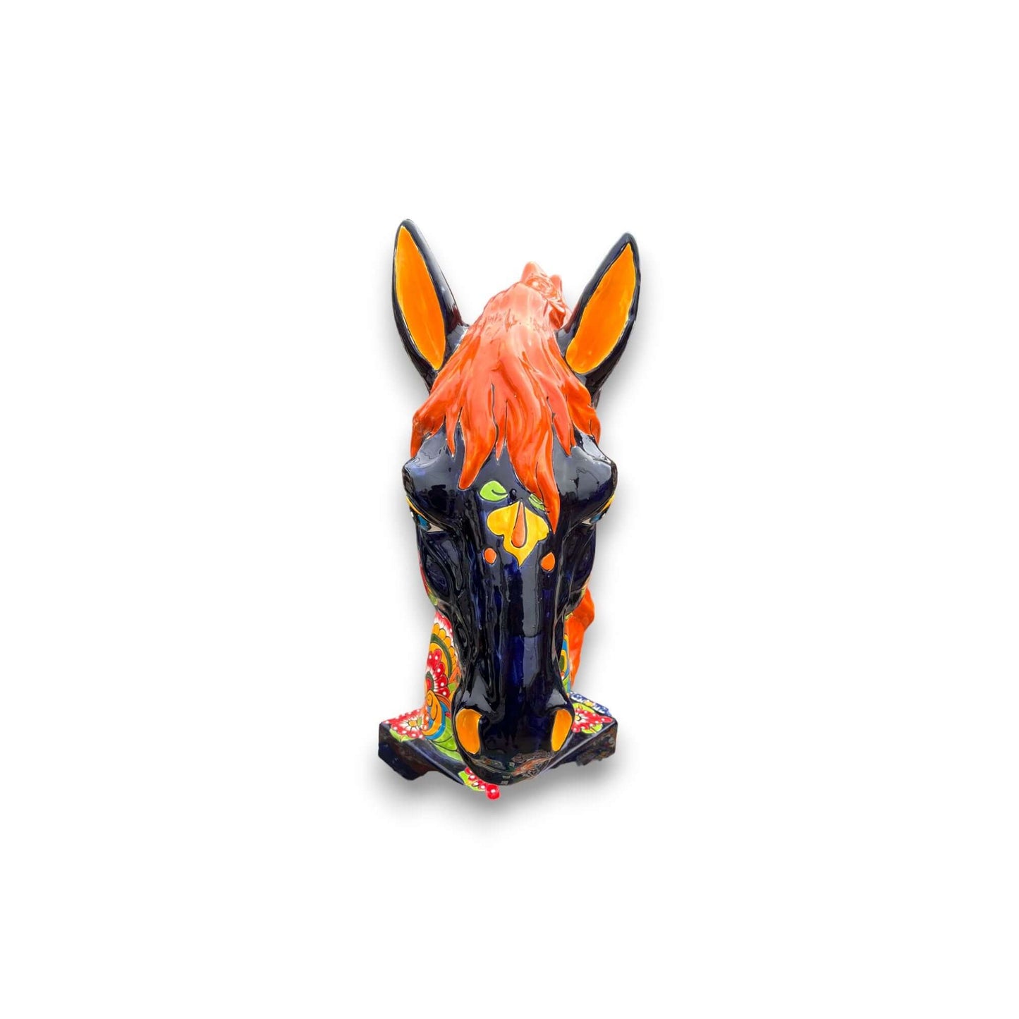 XL Talavera Horse Head Statue | Colorful Handmade Mexican Pottery - glossy navy blue horse head with orange mane and multicolor floral accents