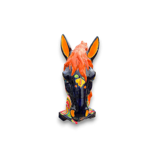 XL Talavera Horse Head Statue | Colorful Handmade Mexican Pottery - glossy navy blue horse head with orange mane and multicolor floral accents