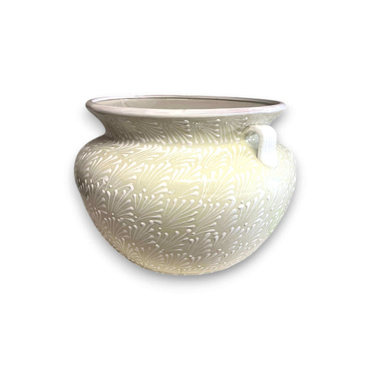 XL Talavera Flower Pot | White Handcrafted Mexican Planter - large handcrafted matte white ceramic planter with carved floral pattern and side handle