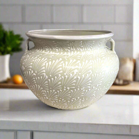 XL Talavera Flower Pot | White Handcrafted Mexican Planter - large matte white hand-painted ceramic planter with floral carvings and side handles