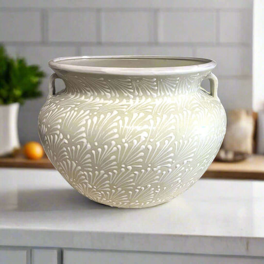 XL Talavera Flower Pot | White Handcrafted Mexican Planter - large matte white hand-painted ceramic planter with floral carvings and side handles