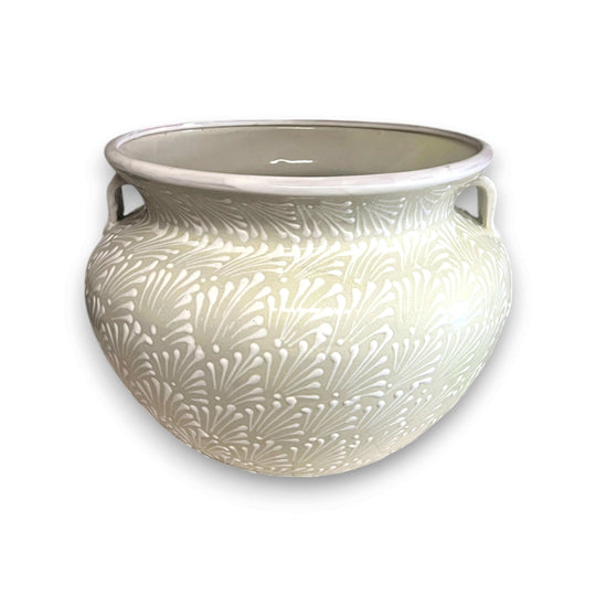 XL Talavera Flower Pot | White Handcrafted Mexican Planter - large handcrafted matte white ceramic planter with floral carvings