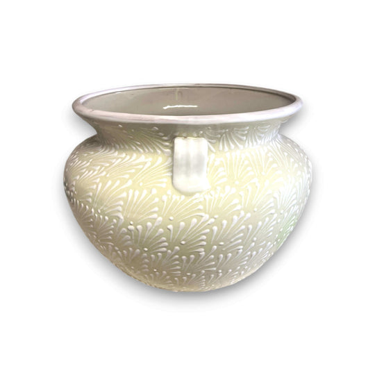 XL Talavera Flower Pot | White Handcrafted Mexican Planter - large matte white hand-painted ceramic planter with floral carvings