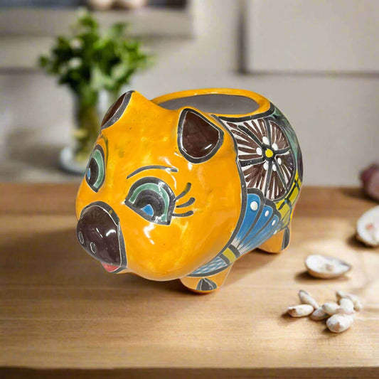 Talavera Pig Planter | Colorful Hand-Painted Mexican Flower Pot - hand-painted yellow Talavera pig-shaped ceramic planter from Guanajuato, Mexico